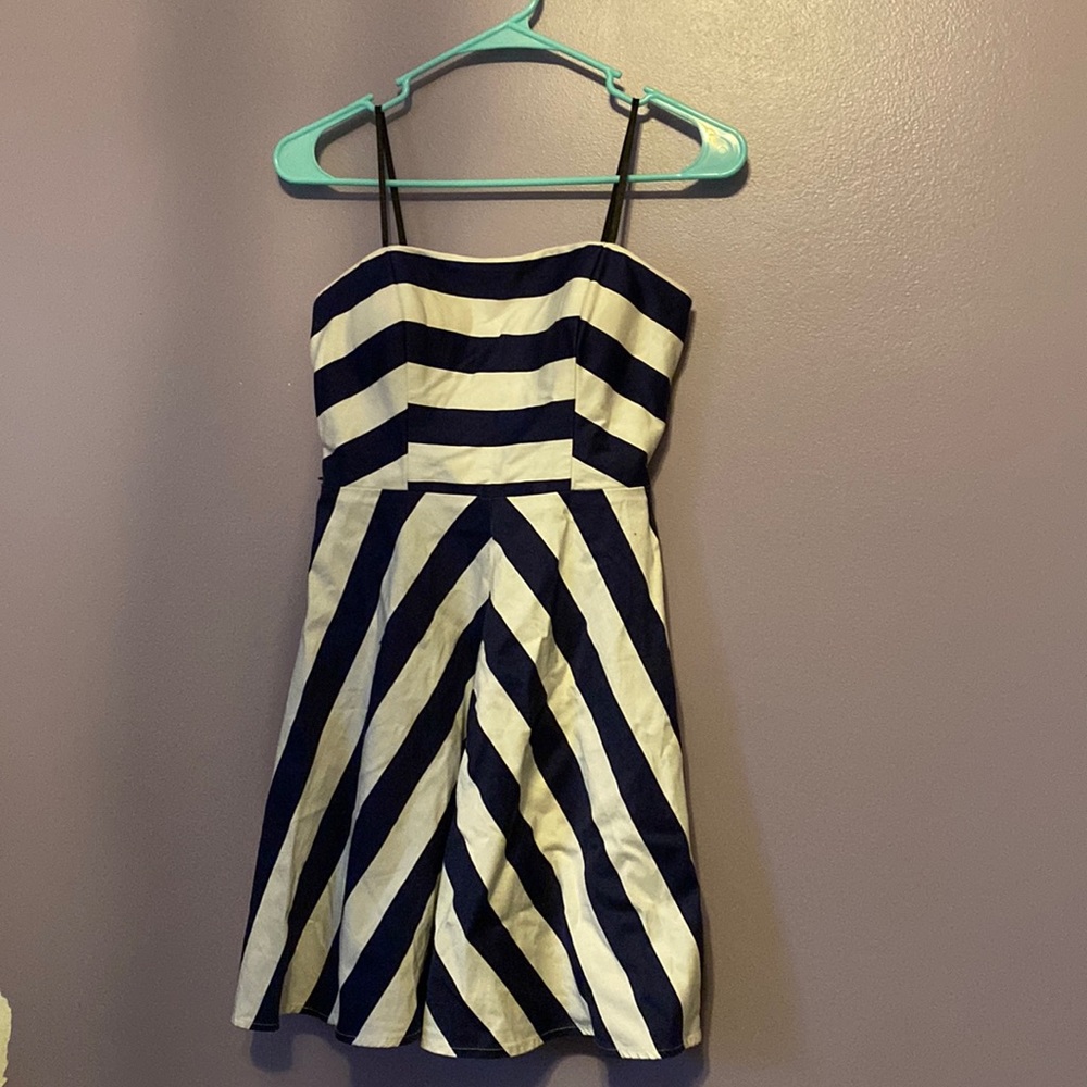 white and navy blue striped strapless mini dress